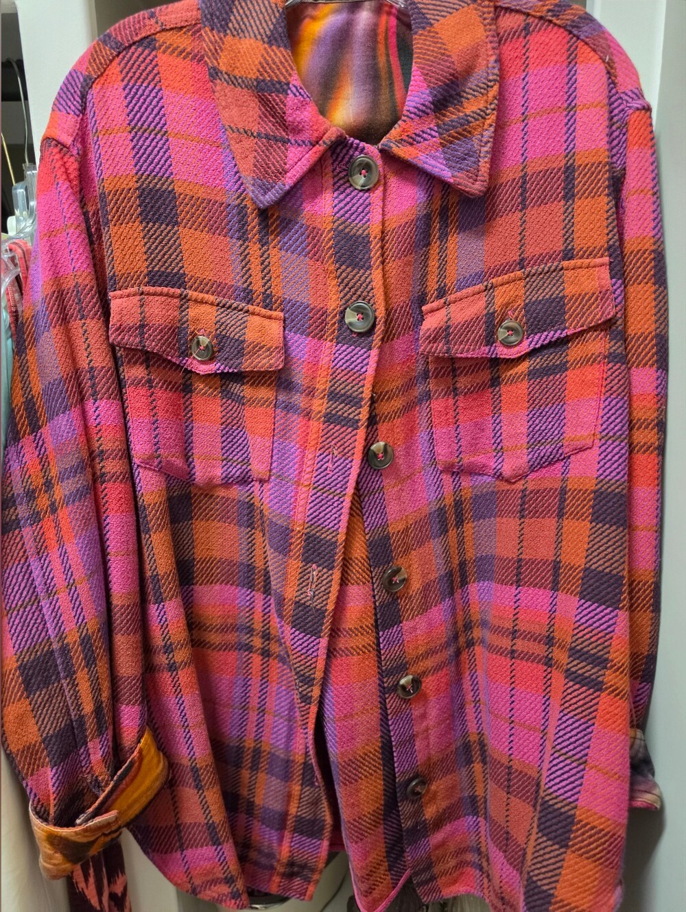 Johnny Was Pink and Orange Plaid Button-Front Shirt Jacket